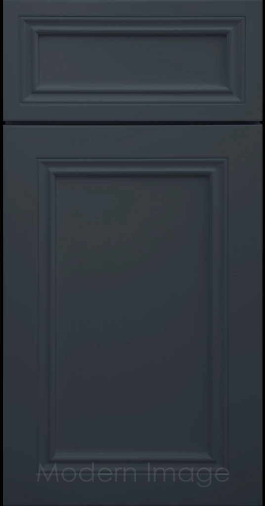 Close-up of Corona cabinets in Naval with mitered molding and flat center panel.